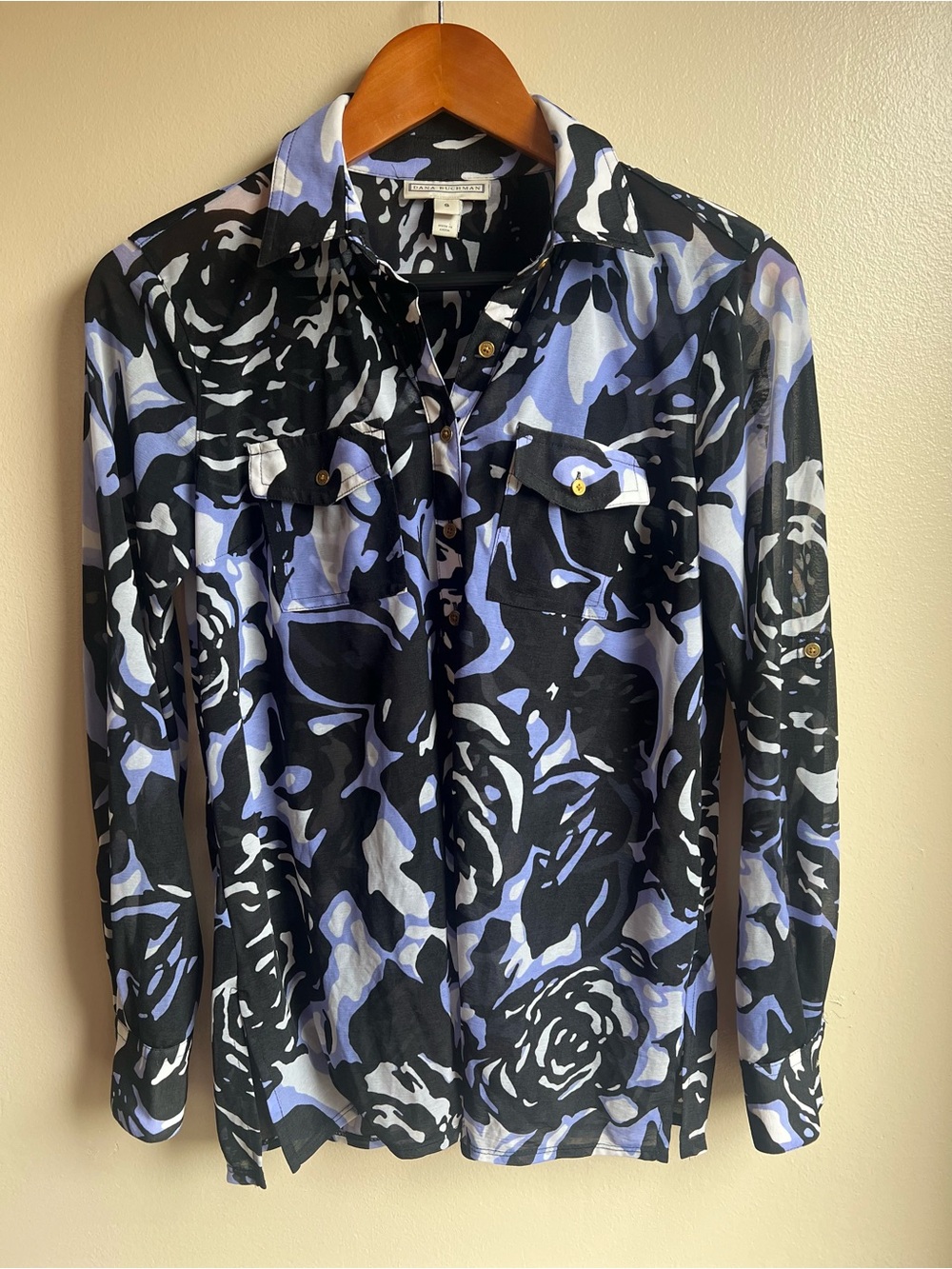 Dana Buchman Abstract Rose Print Semi Sheer Utility Blouse Small Roll Tab